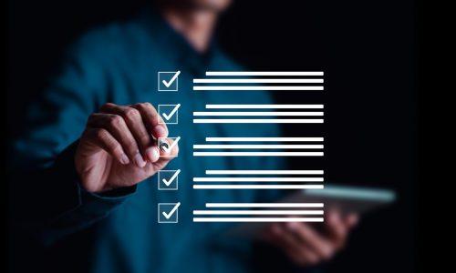 Performance checklist, businessman using checklist survey, filling out digital form checklist, take an assessment, questionnaire, evaluation, online survey, online exam.;